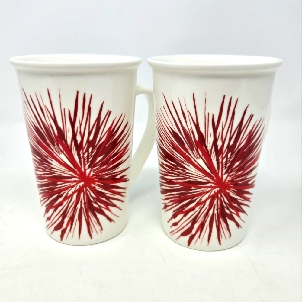 STARBUCKS SET OF 2 RED STARBURST FIREWORKS WHITE COFFEE CUP MUG RETIRED 2014